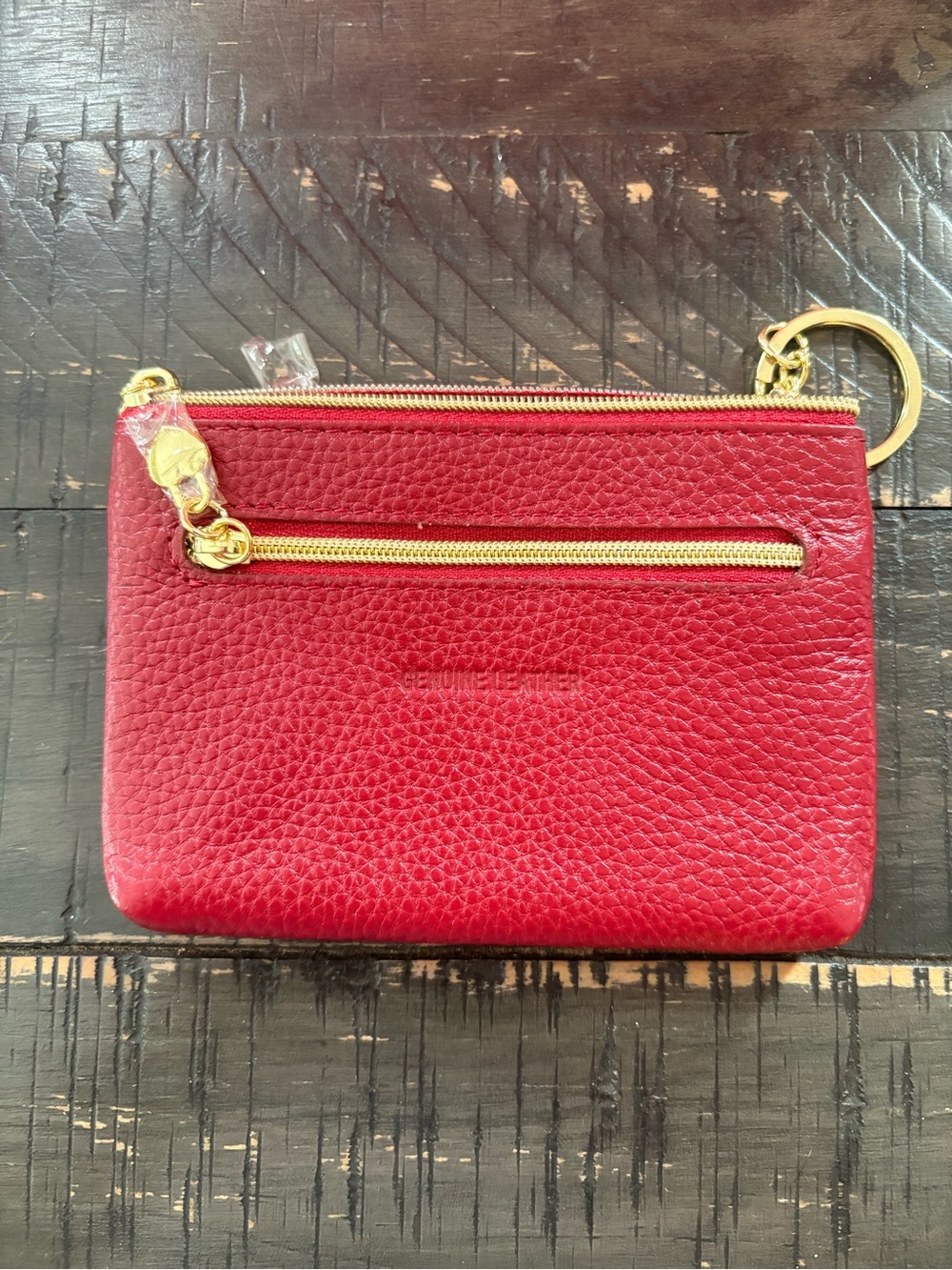 Genuine Leather Red Zip Coin Pouch with Keyring